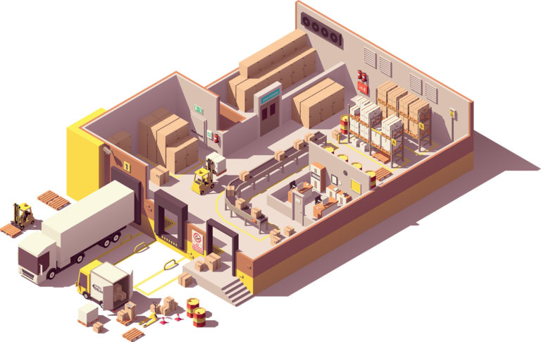 Detailed isometric view of a logistic warehouse operation