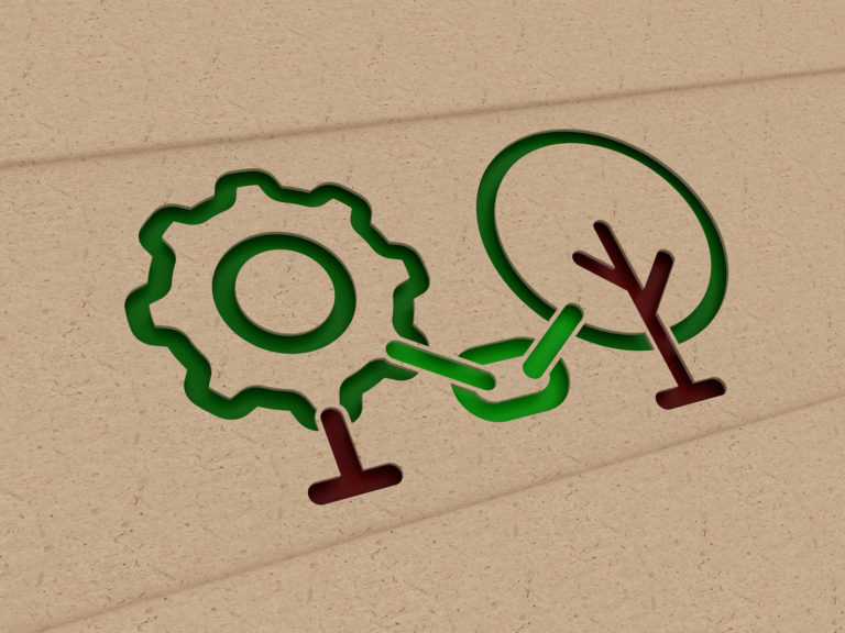 Green gear and tree linked by checkmark, symbolizing sustainable supply chain.